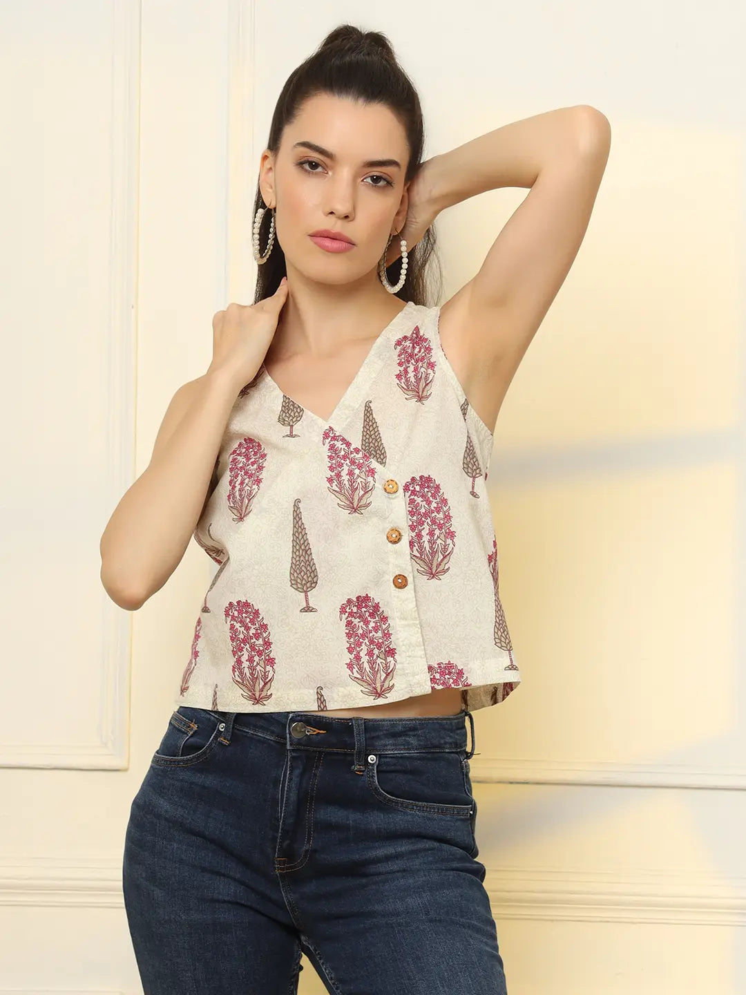 Chic White and Pink Cotton Sleeveless Wrap Top for Everyday Wear
