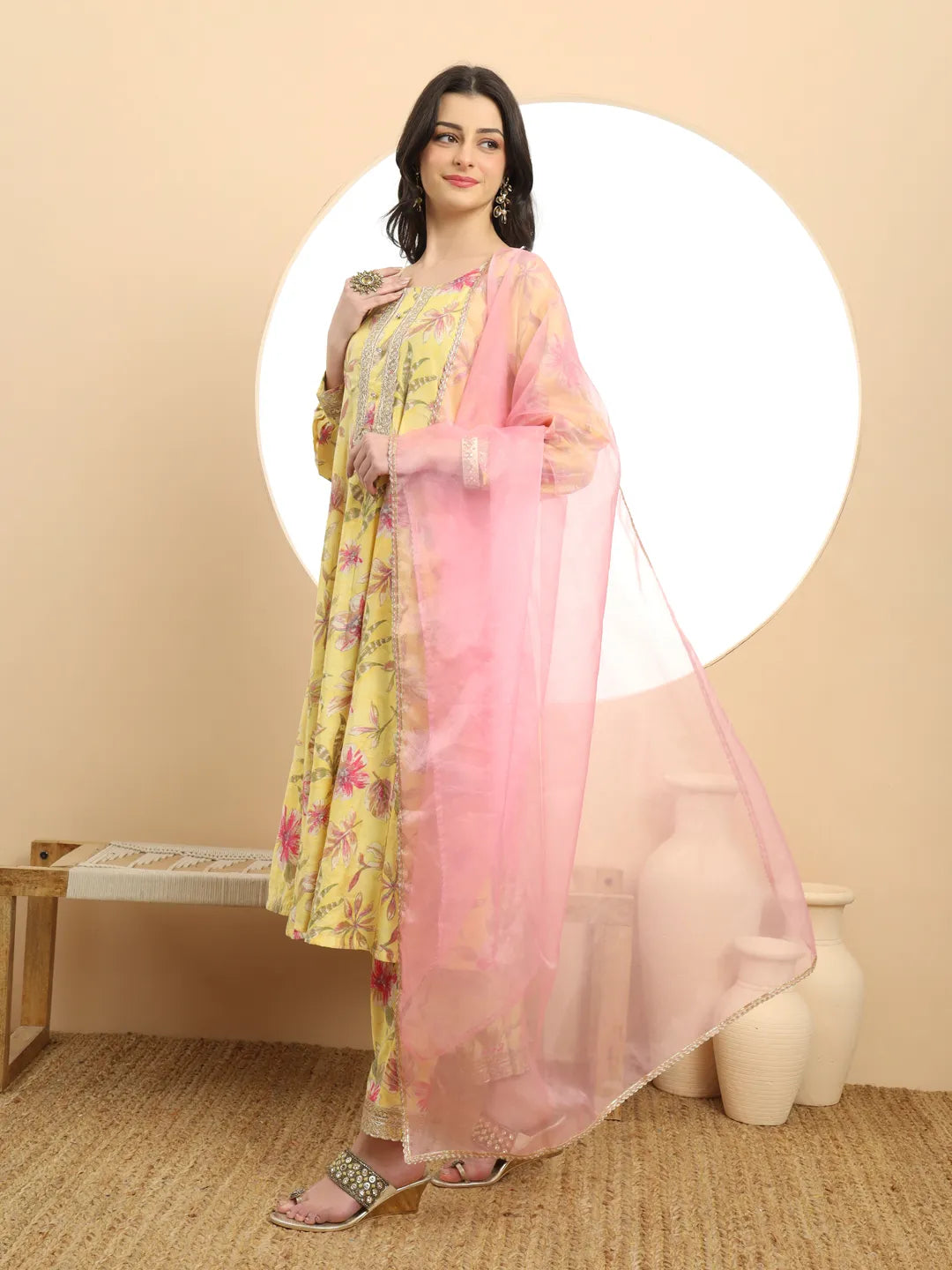 Stunning Yellow Printed Silk Embroidered Kurta Dupatta Set for Festive Look