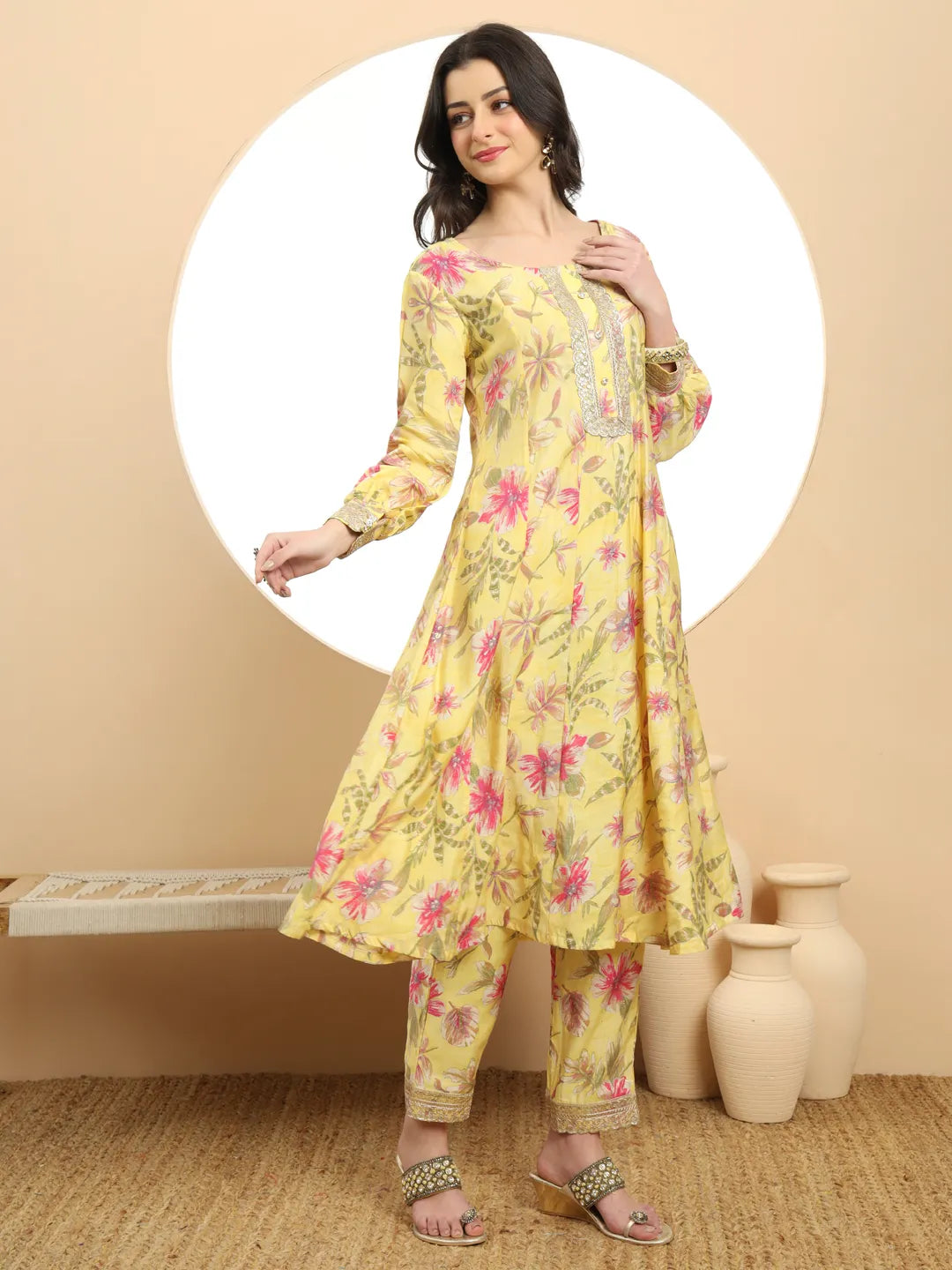 Stunning Yellow Printed Silk Embroidered Kurta Dupatta Set for Festive Look