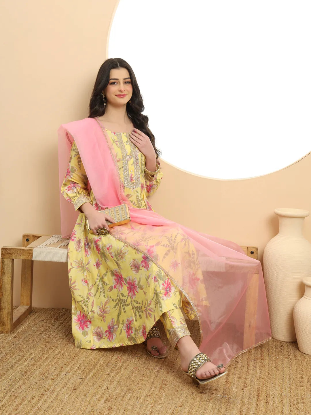 Stunning Yellow Printed Silk Embroidered Kurta Dupatta Set for Festive Look