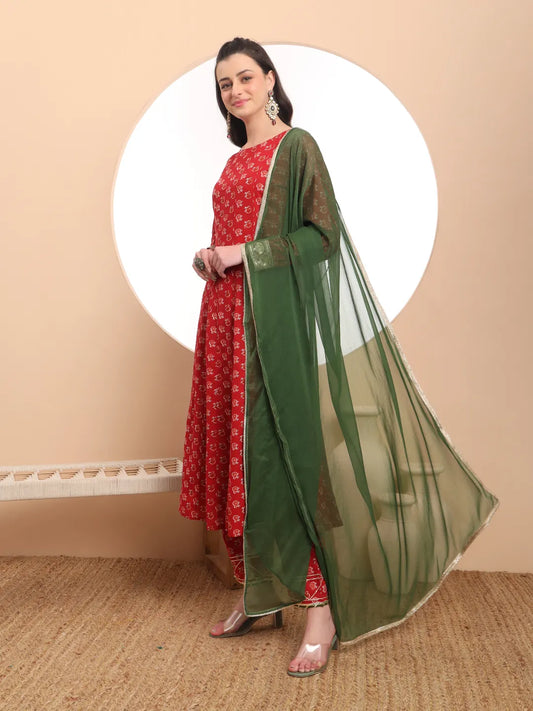 Pure Cotton Red Anarkali Kurta Dupatta Set for Ethnic Elegance