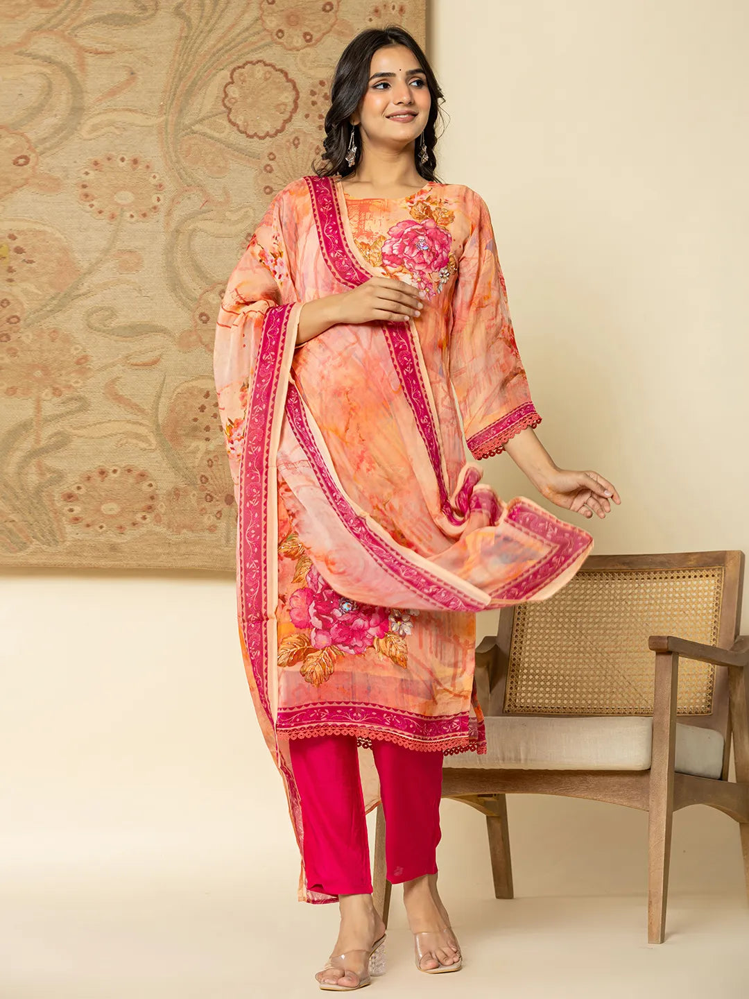 Elegant Pink Floral Embroidered Sequinned Kurta with Trousers & Dupatta Set