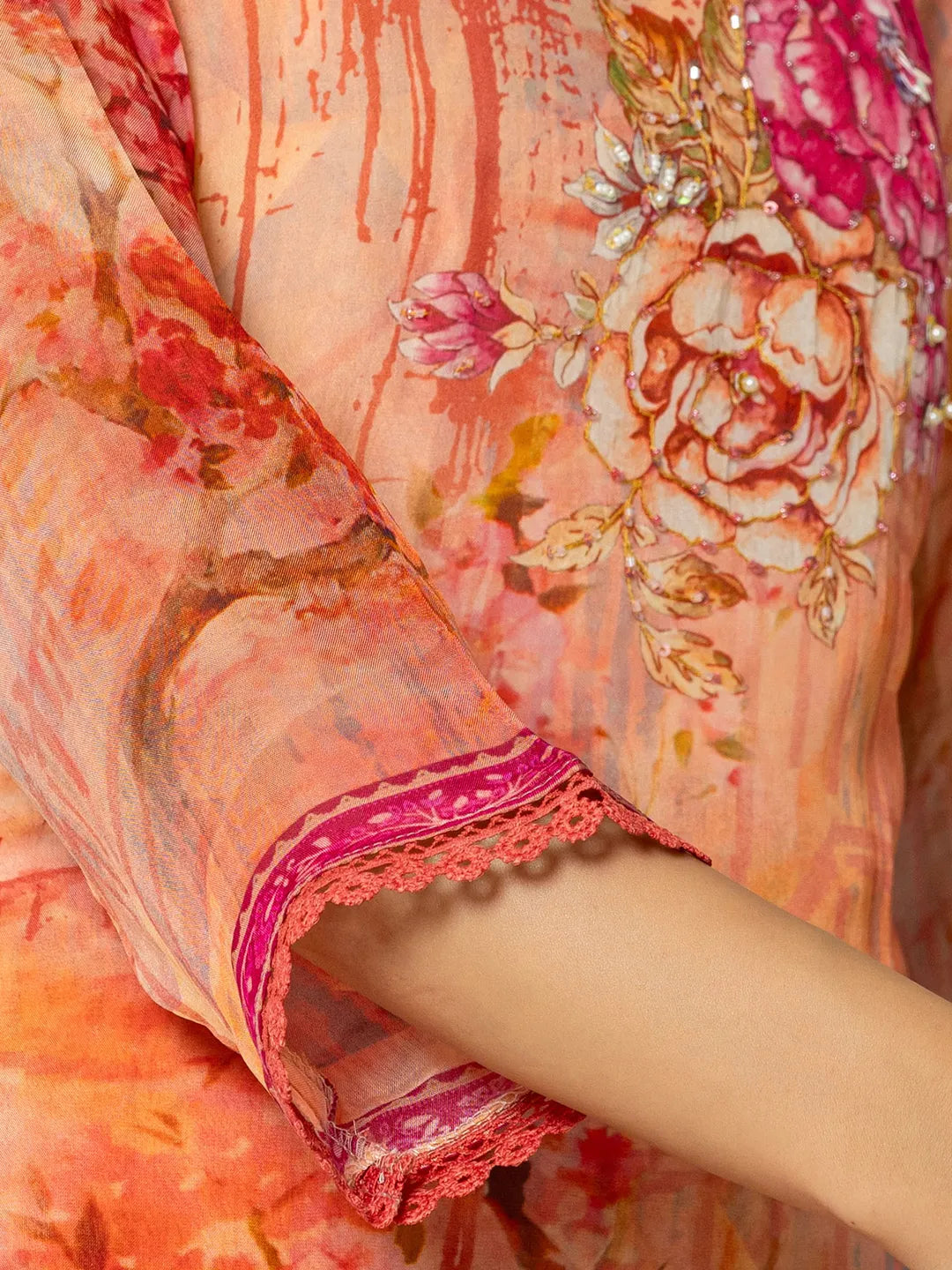 Elegant Pink Floral Embroidered Sequinned Kurta with Trousers & Dupatta Set