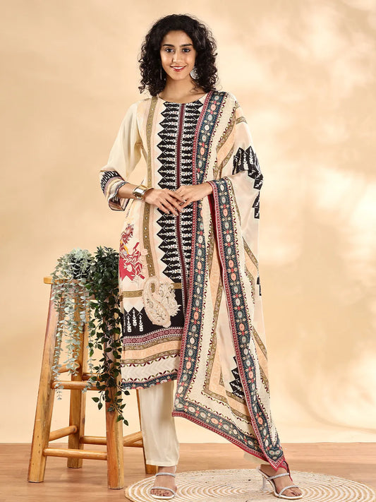 Cream And Black Pure Silk Sequins_Work Straight Kurta Dupatta Pant Set-Yufta Store-6112SKDCRM