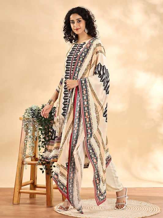 Cream And Black Pure Silk Sequins_Work Straight Kurta Dupatta Pant Set-Yufta Store-6112SKDCRM