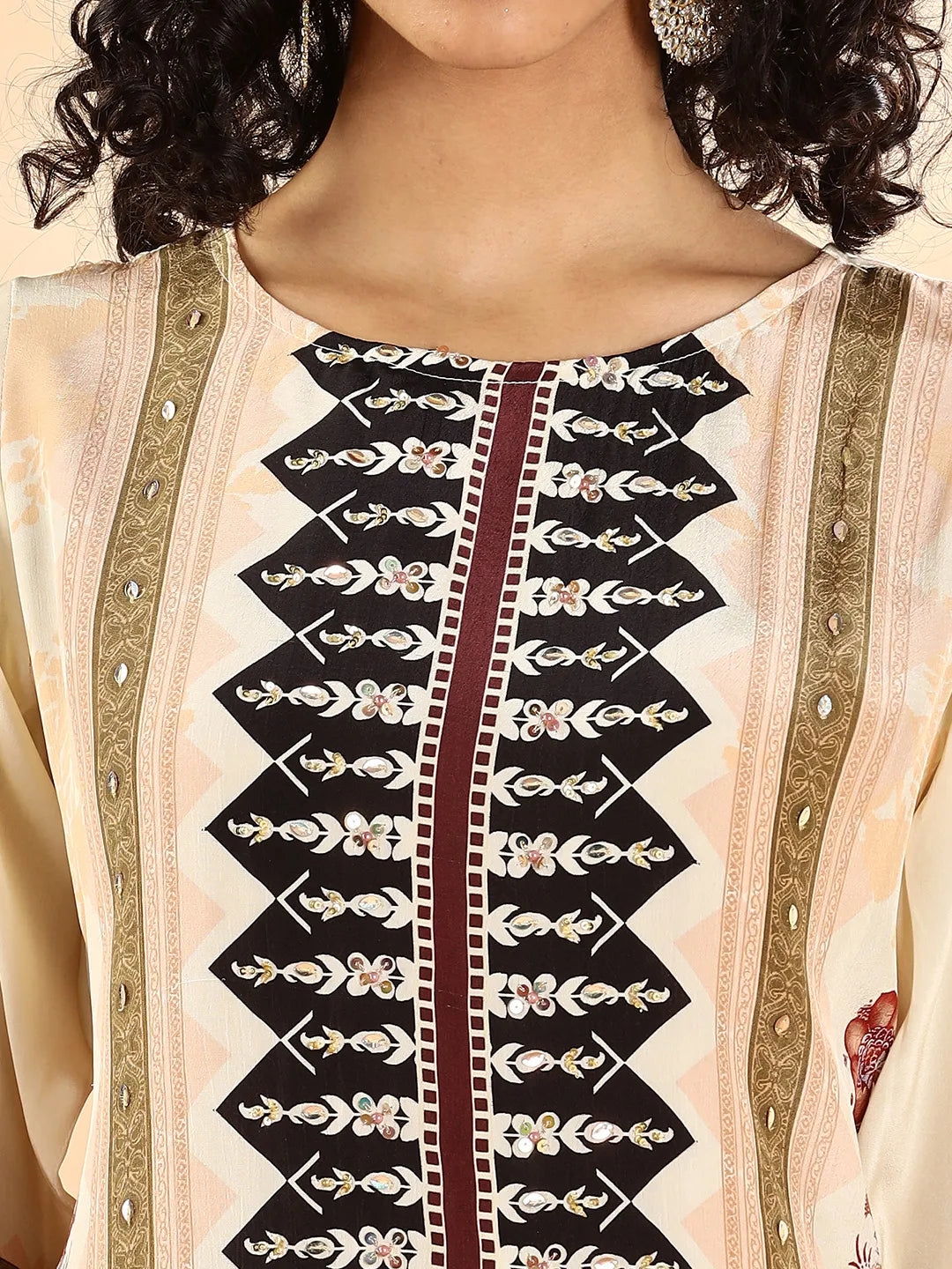 Cream And Black Pure Silk Sequins_Work Straight Kurta Dupatta Pant Set-Yufta Store-6112SKDCRM