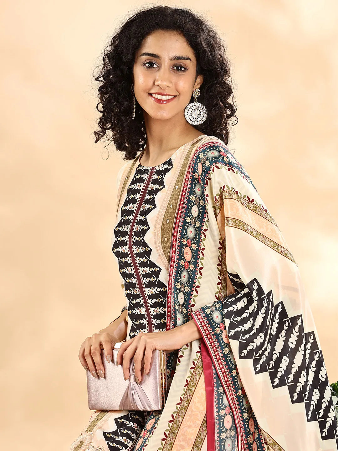 Cream And Black Pure Silk Sequins_Work Straight Kurta Dupatta Pant Set-Yufta Store-6112SKDCRM