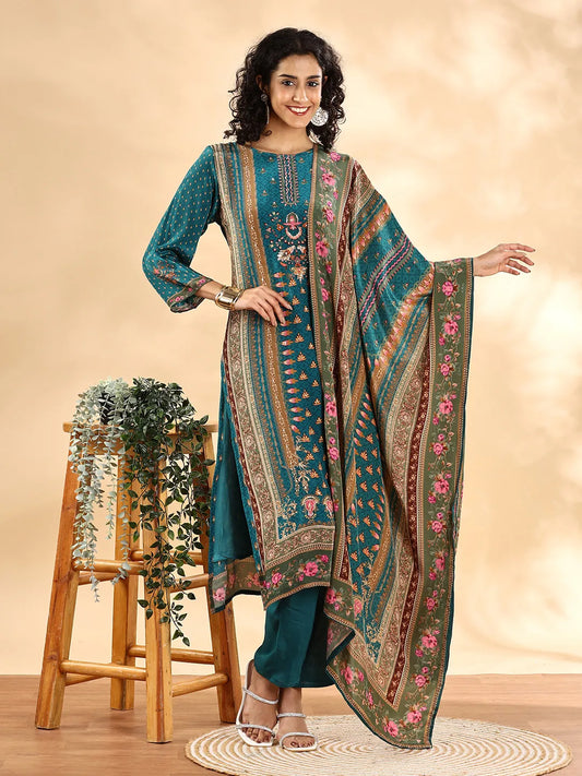 Teal Blue Pure Silk Sequins_Work Straight Kurta Dupatta Pant Set-Yufta Store-6115SKDTBM