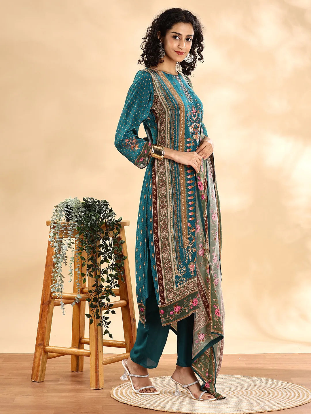 Teal Blue Pure Silk Sequins_Work Straight Kurta Dupatta Pant Set-Yufta Store-6115SKDTBM
