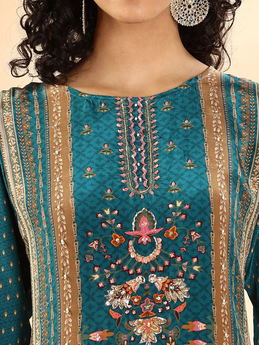 Teal Blue Pure Silk Sequins_Work Straight Kurta Dupatta Pant Set-Yufta Store-6115SKDTBM