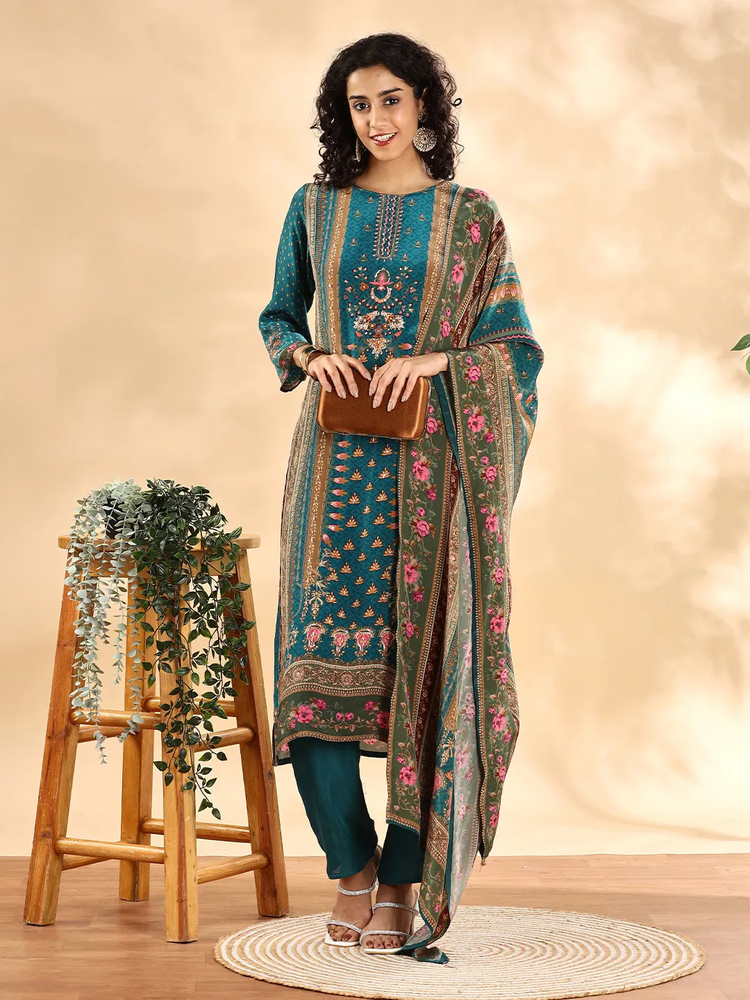 Teal Blue Pure Silk Sequins_Work Straight Kurta Dupatta Pant Set-Yufta Store-6115SKDTBM