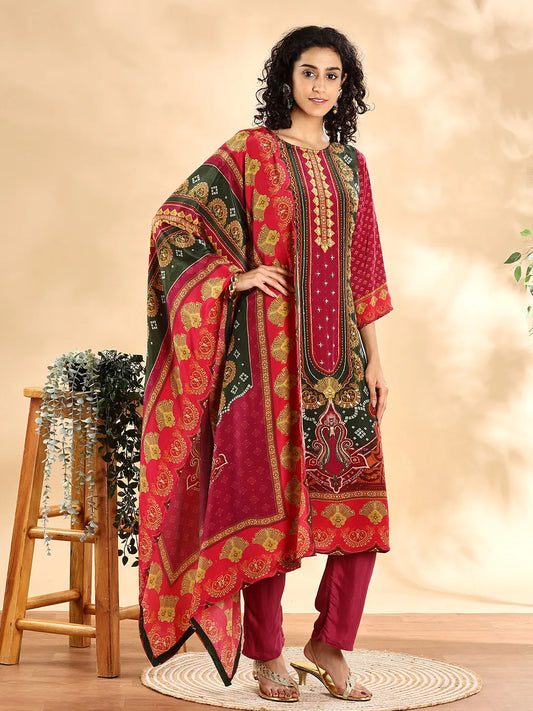 Purple And Green Silk Crepe Sequins_Work Straight Kurta Dupatta Pant Set-Yufta Store-6116SKDPRM