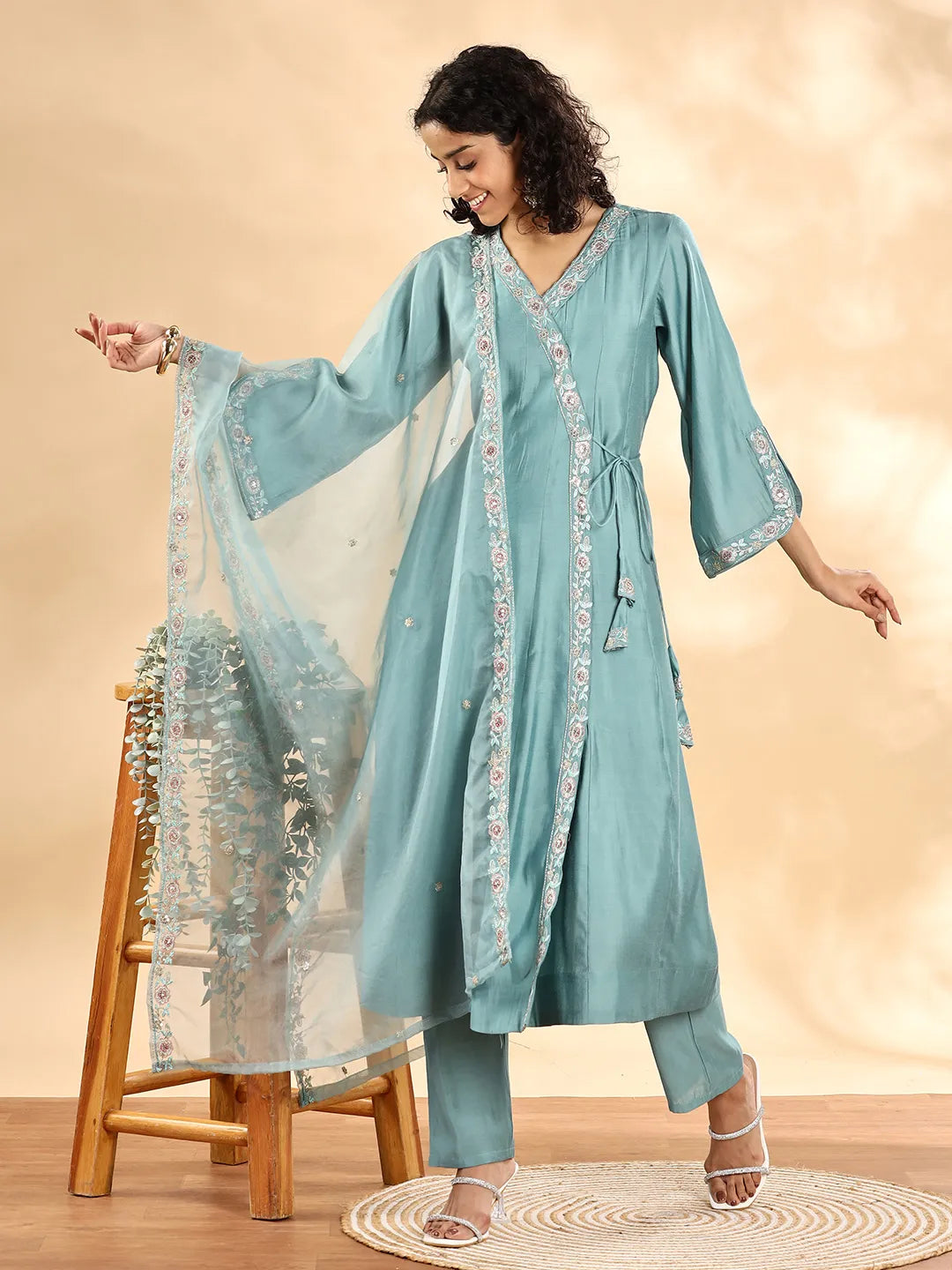 Teal Green Silk Embroidered Angrakha Kurta Pant Set with Organza Dupatta