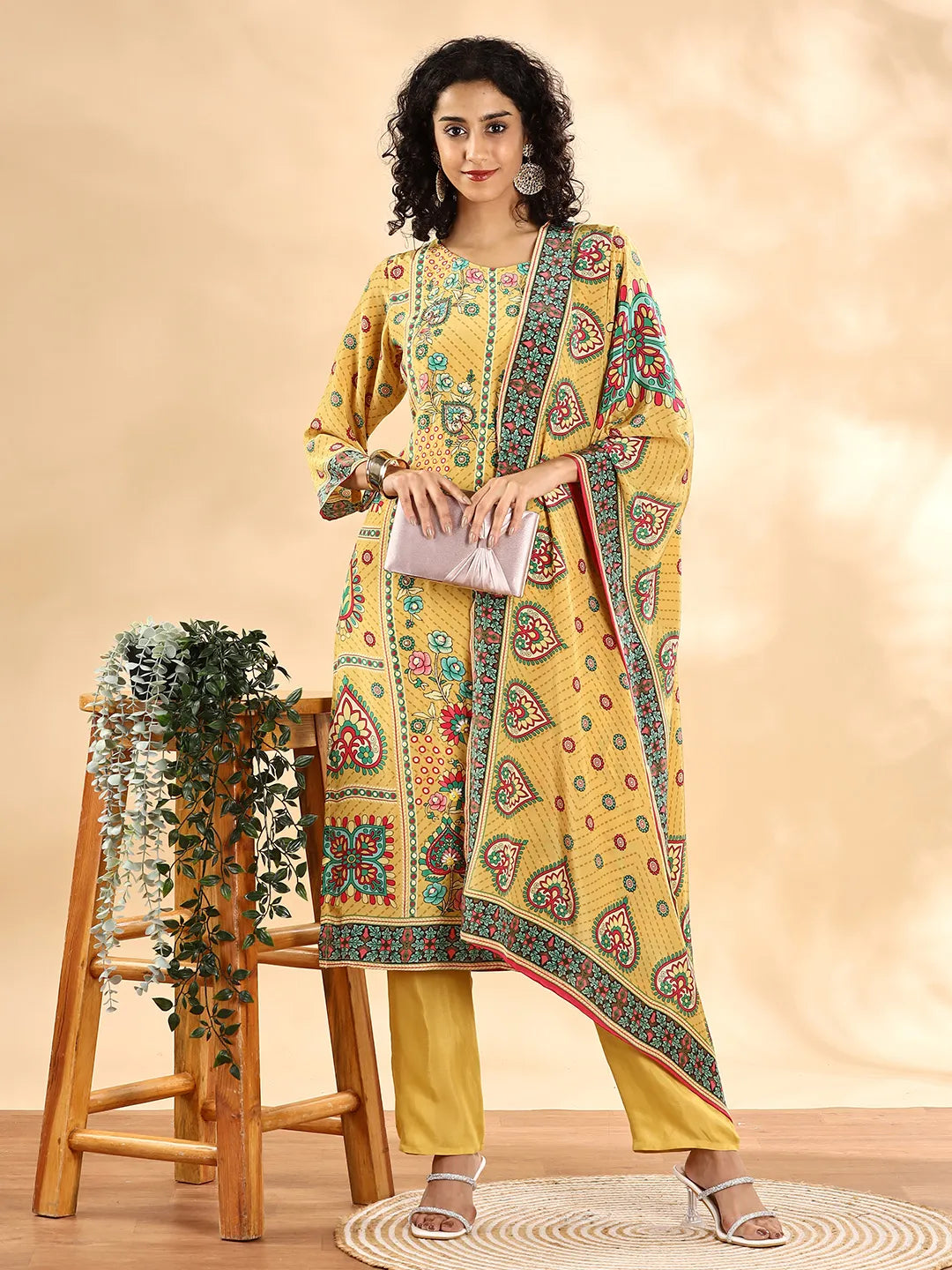Yellow Silk Crepe Cutdana_Work Straight Kurta Dupatta Pant Set-Yufta Store-6136SKDYLM