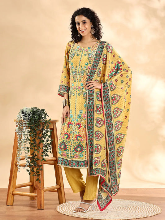 Yellow Silk Crepe Cutdana_Work Straight Kurta Dupatta Pant Set-Yufta Store-6136SKDYLM