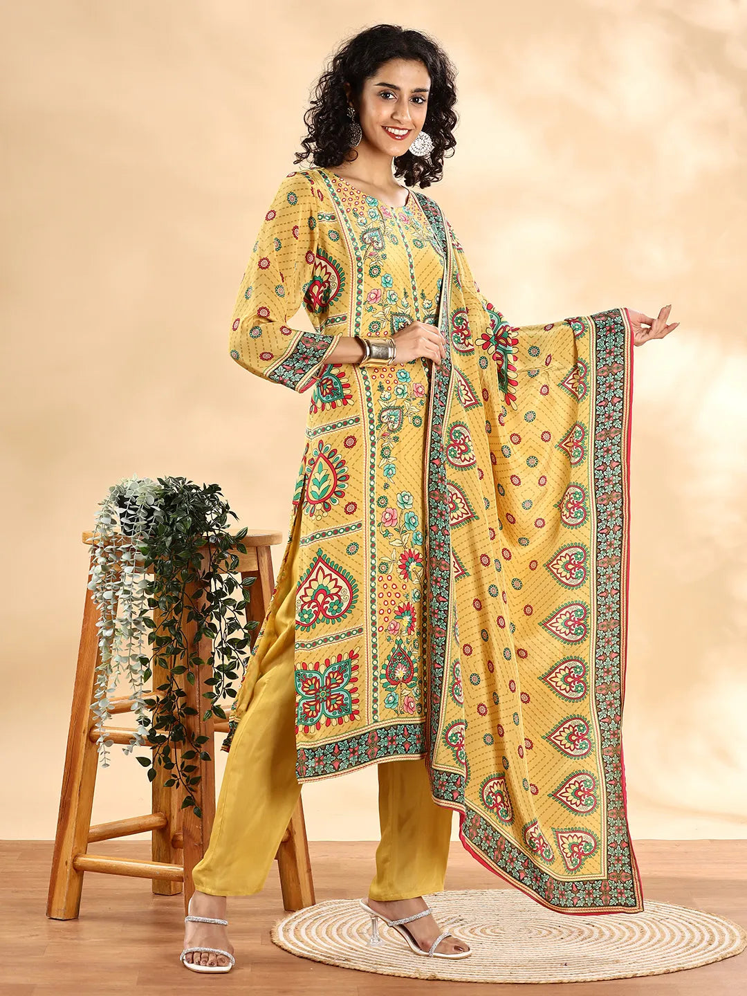 Yellow Silk Crepe Cutdana_Work Straight Kurta Dupatta Pant Set-Yufta Store-6136SKDYLM