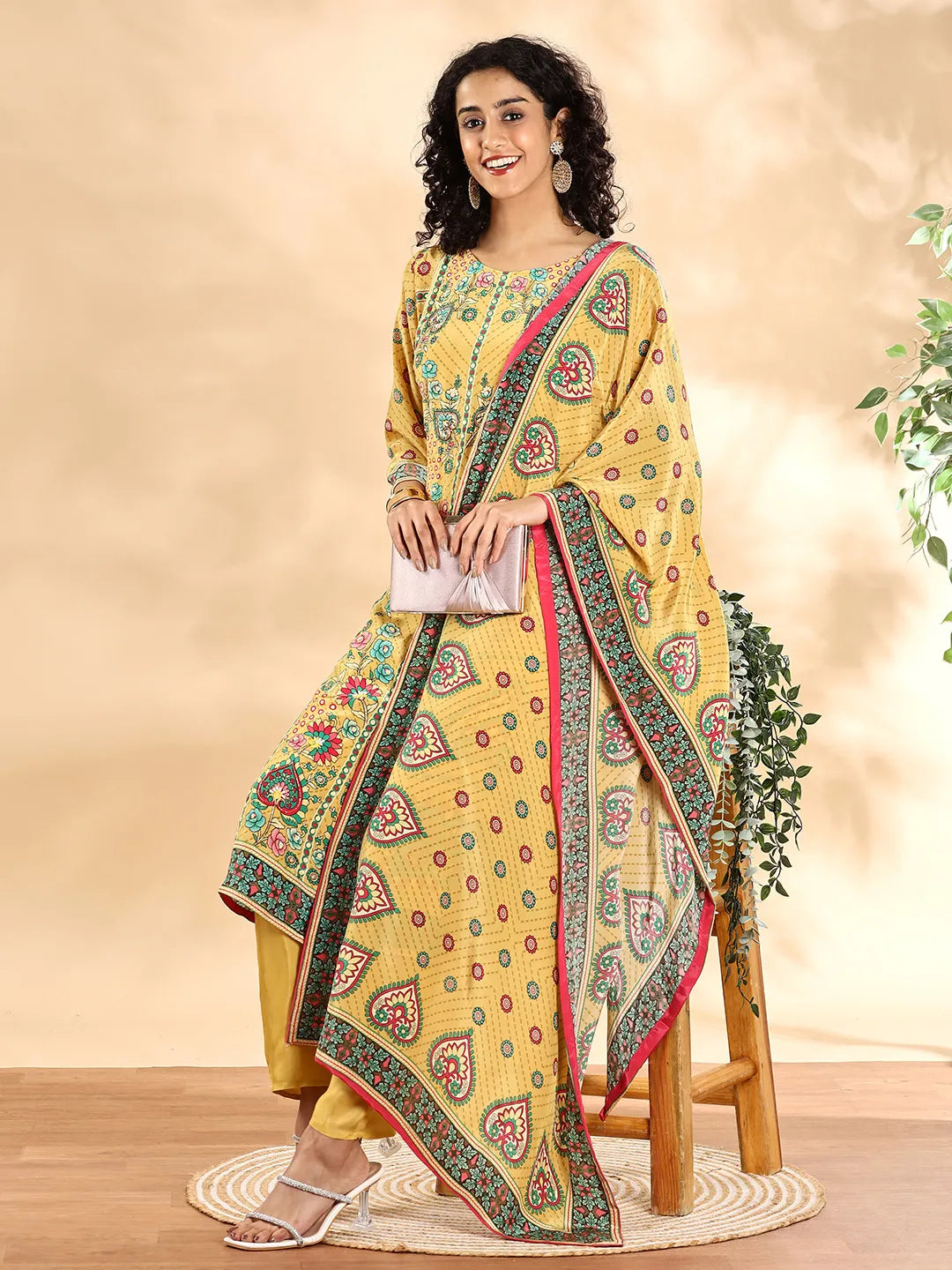 Yellow Silk Crepe Cutdana_Work Straight Kurta Dupatta Pant Set-Yufta Store-6136SKDYLM