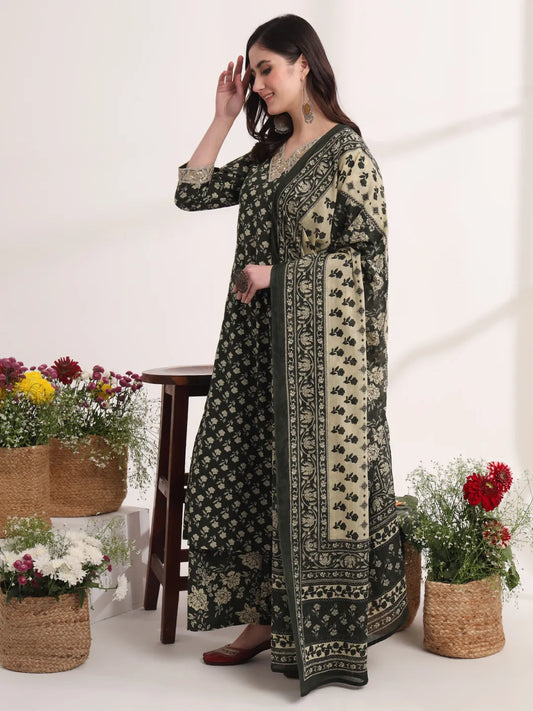 Military Green A-Line Cotton Lace Work Kurta Dupatta Set for a Chic Look