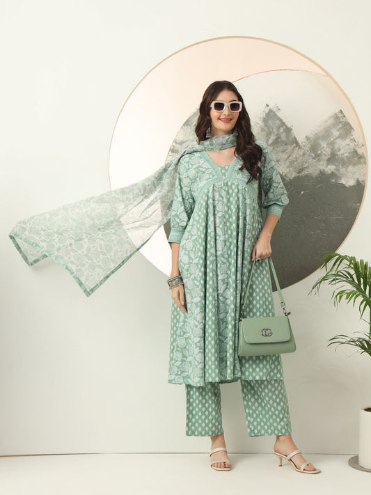 Royal Green Cotton Kurta Dupatta Set for a Regal Ethnic Appearance