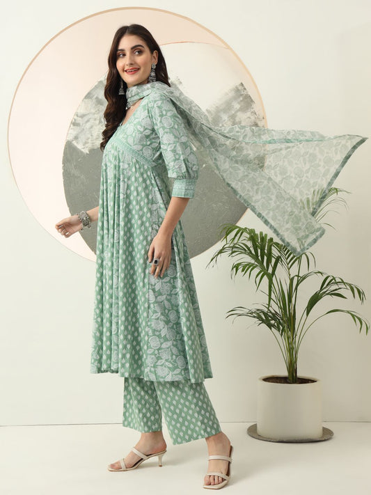 Royal Green Cotton Kurta Dupatta Set for a Regal Ethnic Appearance