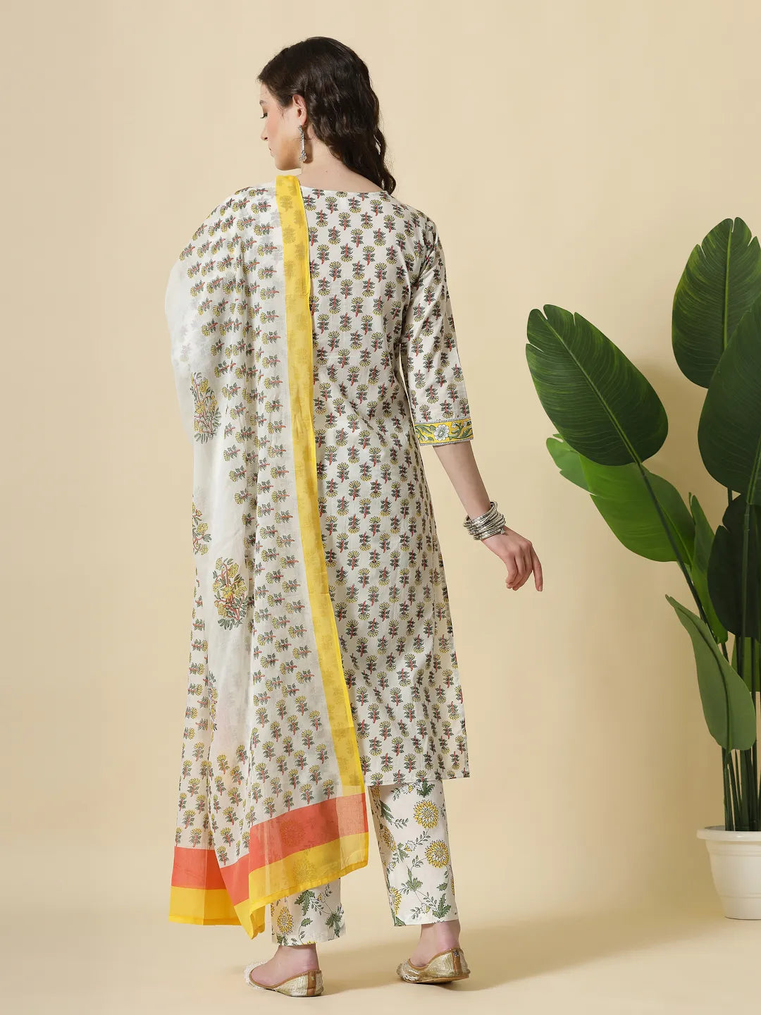 Lovely White and Yellow Floral Print Cotton Kurta Set with Sequins Work, Pant & Dupatta