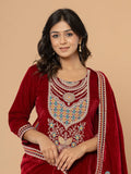 Maroon Velvet Embroidered Kurta Dupatta Set with Comfortable Cotton Lining