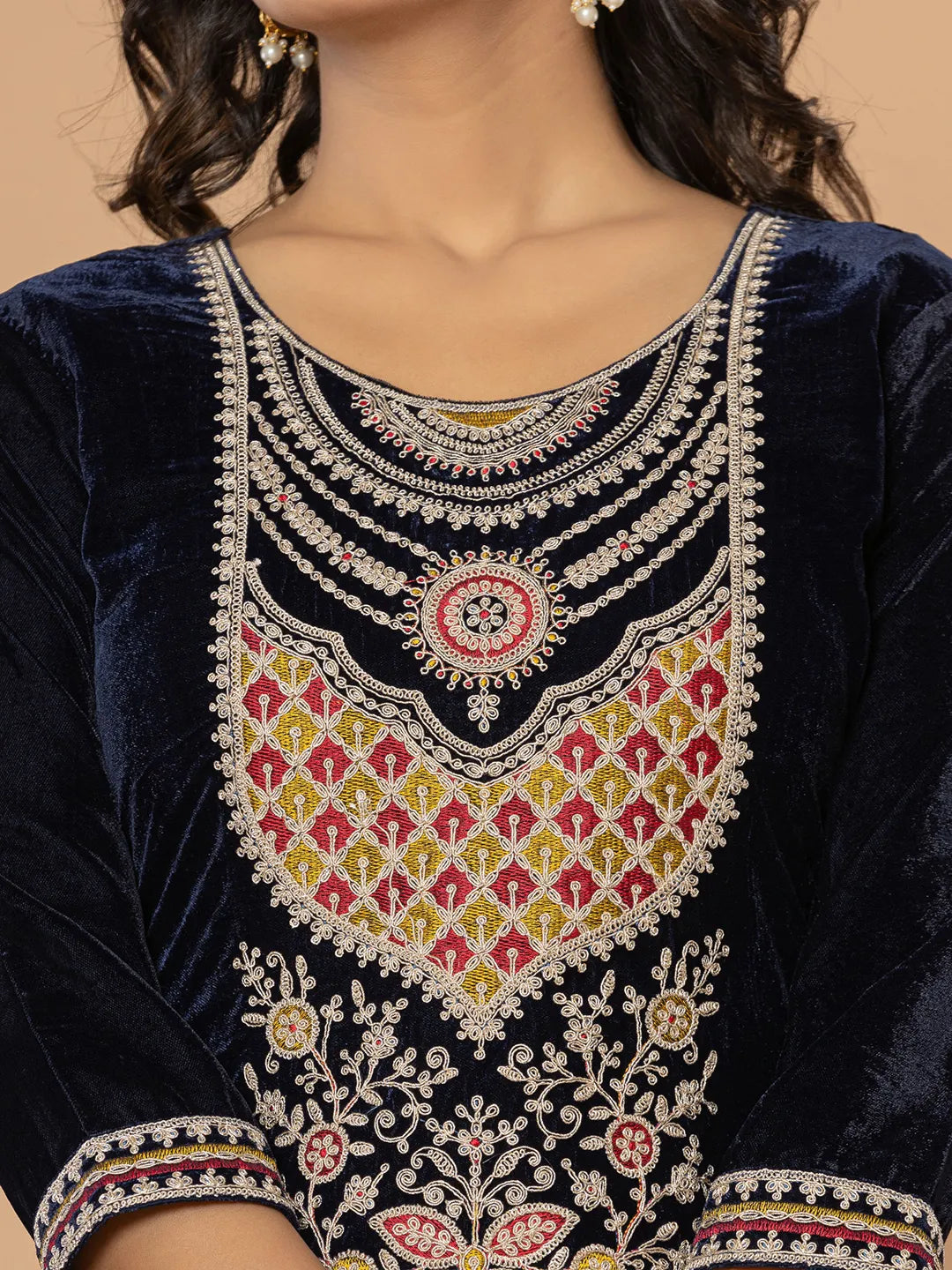 Navy Blue Velvet Kurta Dupatta Set with Embroidery and Cotton Lining