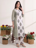 Green And White Hand_Embroidery Cotton Kurta Dupatta Set-Yufta Store-6189SKDGRM