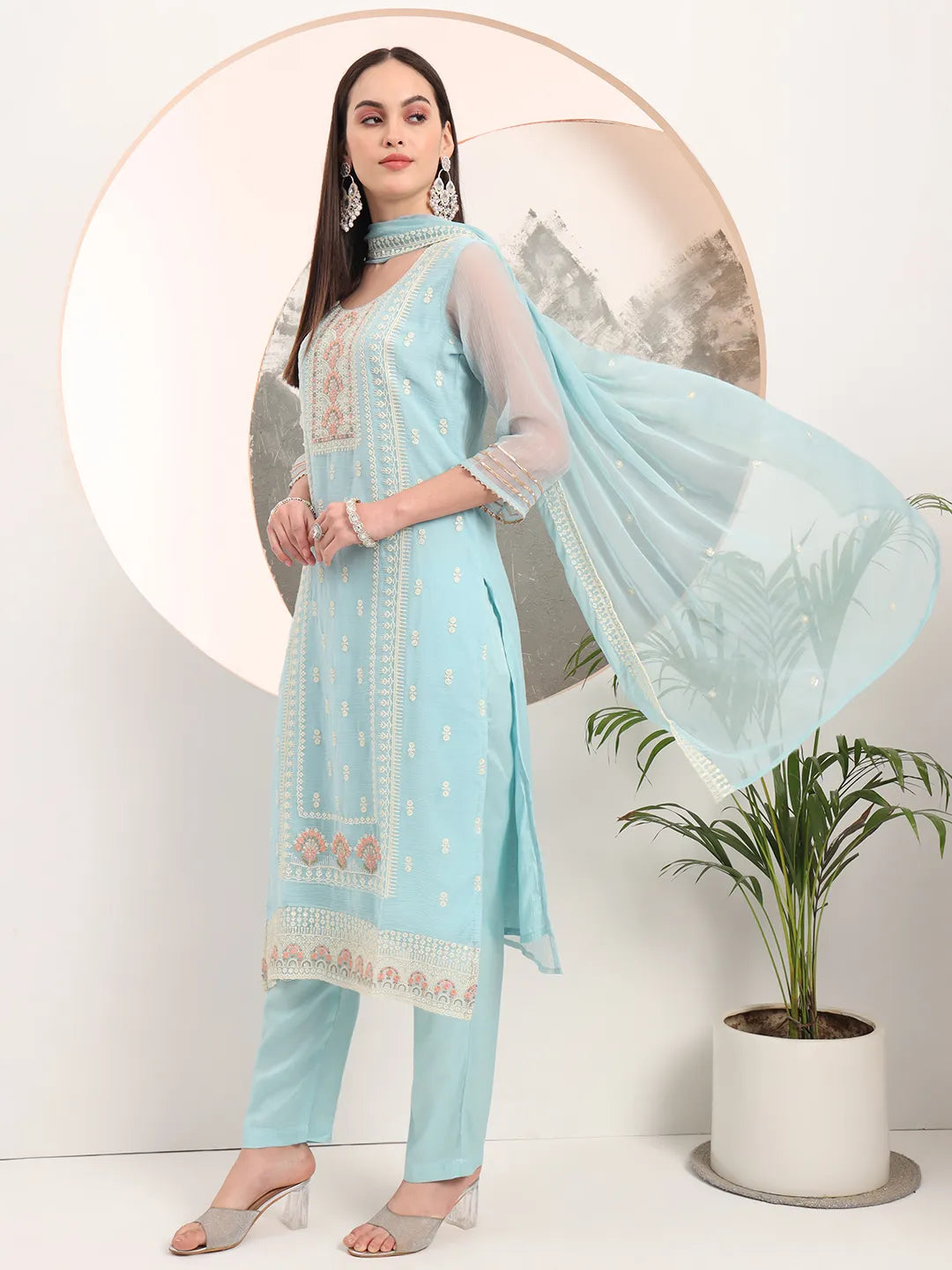 Sky Blue Embroidery Silk Blend Straight Kurta Dupatta Set-Yufta Store-6192SKDSBM