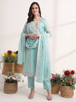 Blue Embroidered Organza Straight Kurta Dupatta Set for a Glamorous Look
