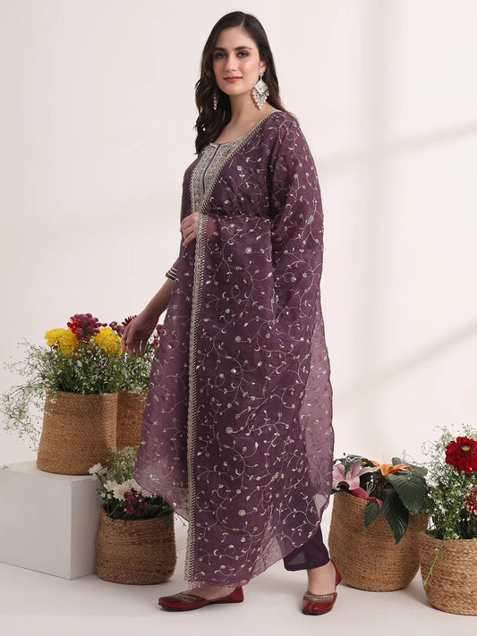 Purple Organza Embroidered Straight Kurta Dupatta Set for Graceful Styling