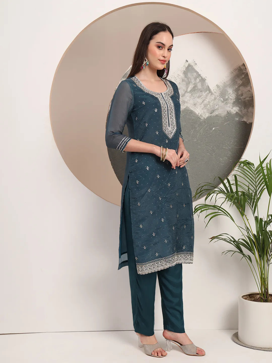 Teal Blue Organza Embroidery Straight Kurta Dupatta Set-Yufta Store-6195SKDTBM