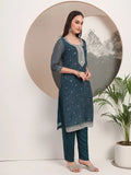Teal Blue Organza Embroidery Straight Kurta Dupatta Set-Yufta Store-6195SKDTBM