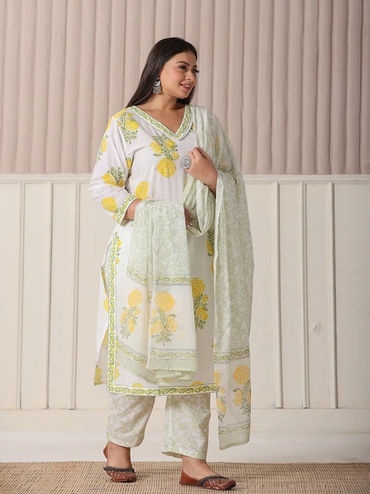 Royal White and Yellow Plus Size Sequins Work Kurta Set for Special Occasions