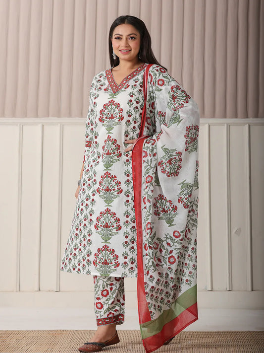 Festive White and Green Plus Size Sequins Kurta Set for an Ethnic Touch