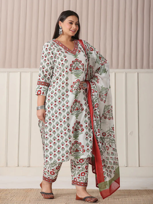 Festive White and Green Plus Size Sequins Kurta Set for an Ethnic Touch