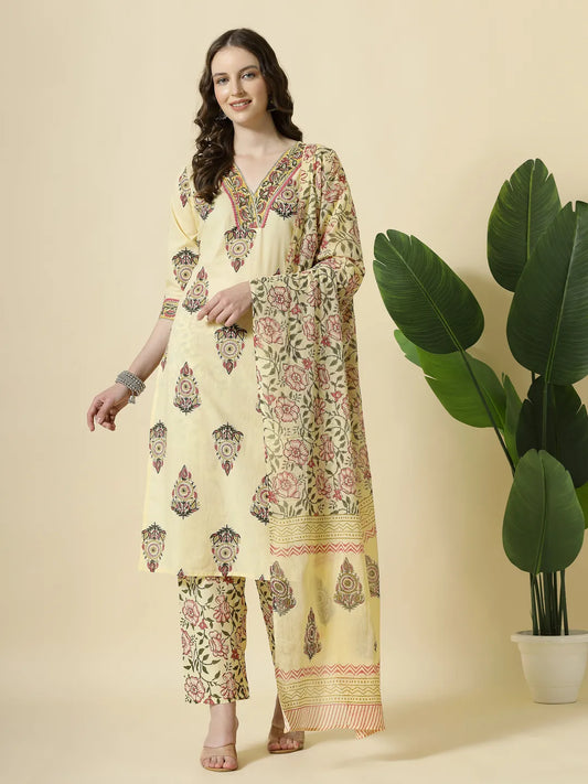 Royal Cream Cutdana Work Cotton Kurta Set for a Festive Ready Look