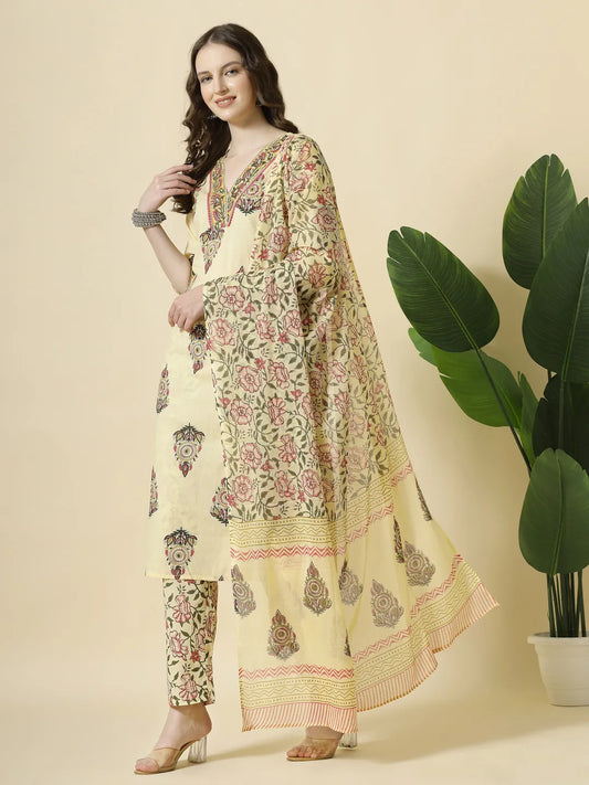 Royal Cream Cutdana Work Cotton Kurta Set for a Festive Ready Look
