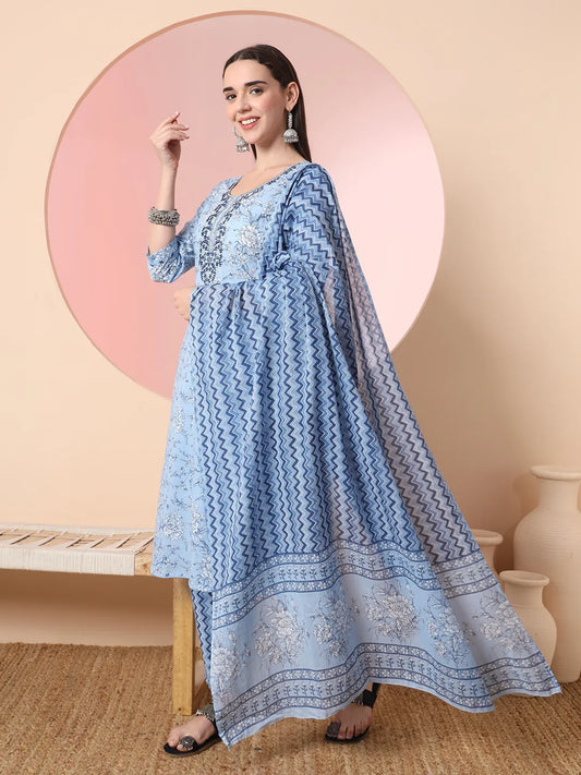 Regal Blue Embroidered Cotton Kurta Set for a Luxurious Ethnic Look
