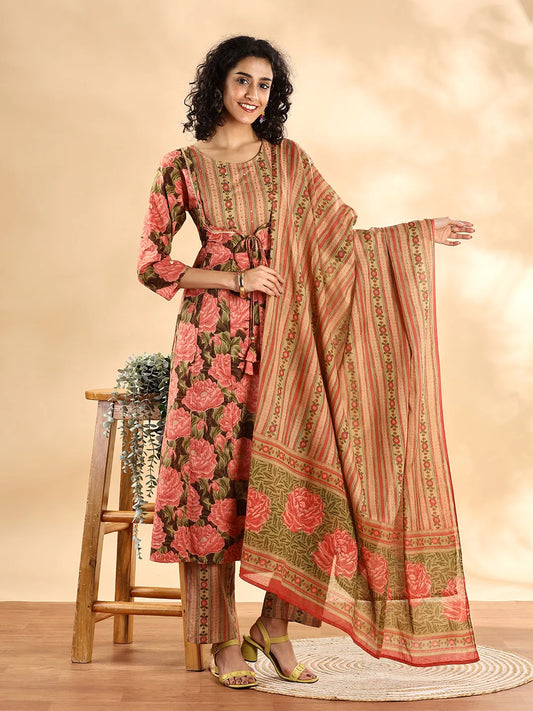 Peach Floral Print Sequins_Work Anarkali Kurta And Trouser With Dupatta Set-Yufta Store-6254SKDPCM