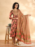 Peach Floral Print Sequins_Work Anarkali Kurta And Trouser With Dupatta Set-Yufta Store-6254SKDPCM