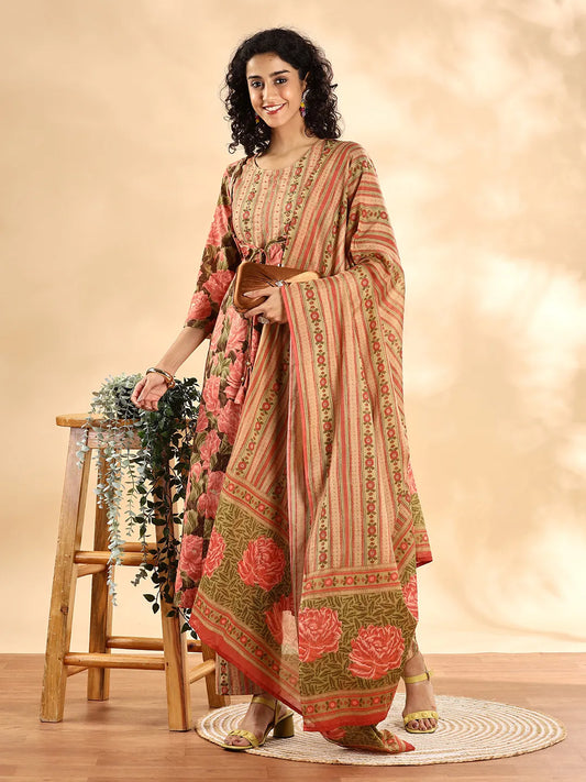 Peach Floral Print Sequins_Work Anarkali Kurta And Trouser With Dupatta Set-Yufta Store-6254SKDPCM