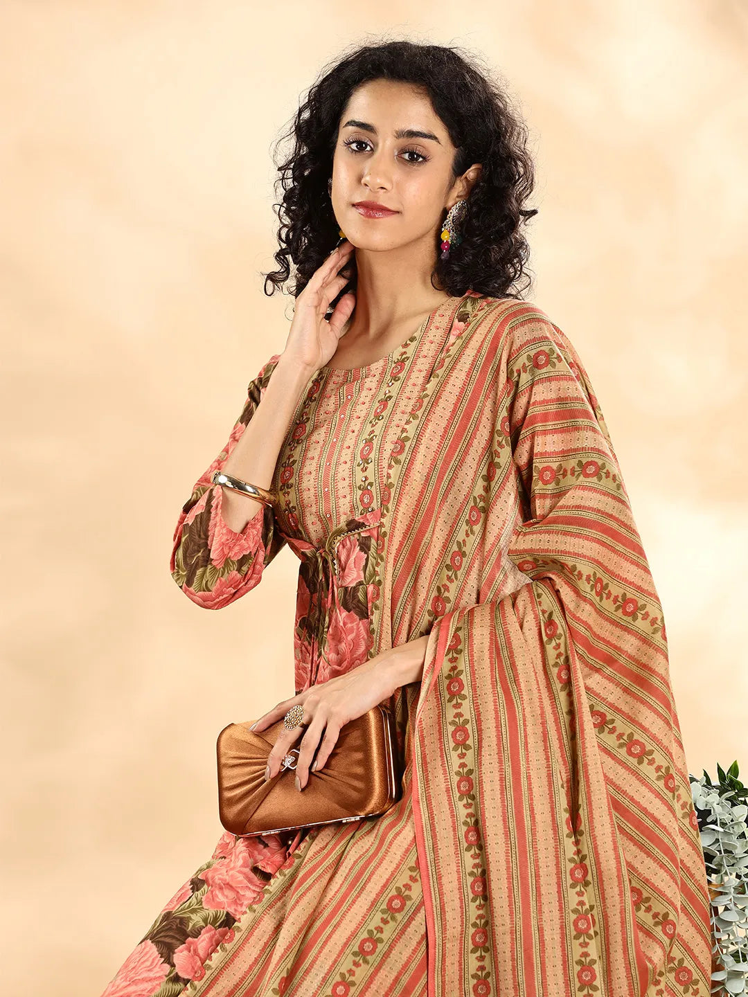 Peach Floral Print Sequins_Work Anarkali Kurta And Trouser With Dupatta Set-Yufta Store-6254SKDPCM