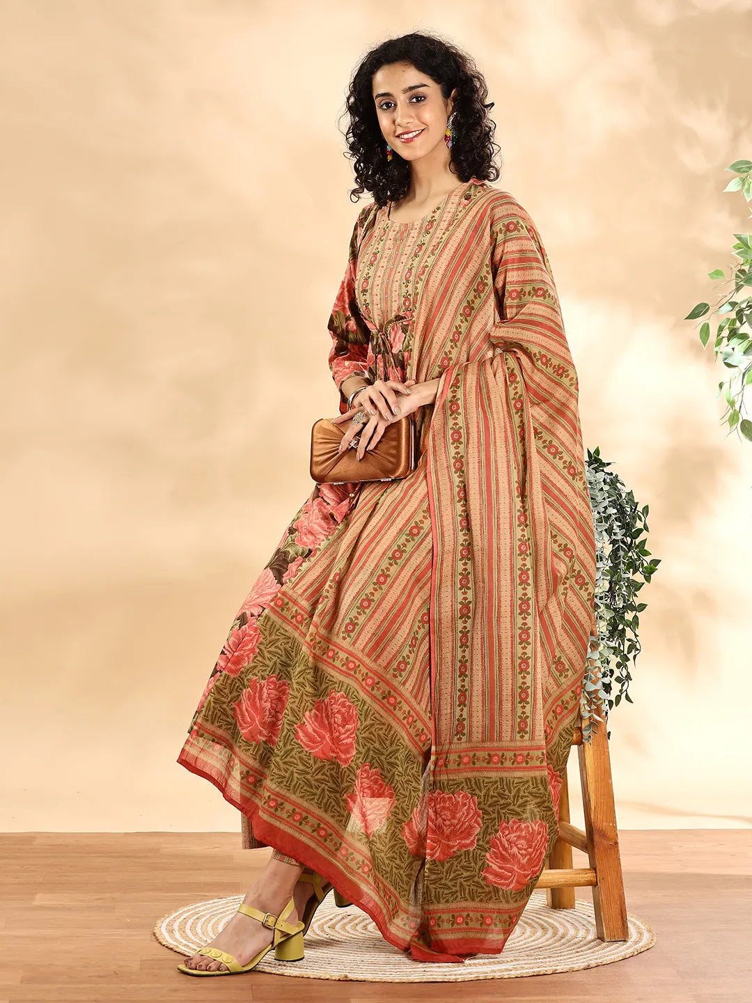 Peach Floral Print Sequins_Work Anarkali Kurta And Trouser With Dupatta Set-Yufta Store-6254SKDPCM