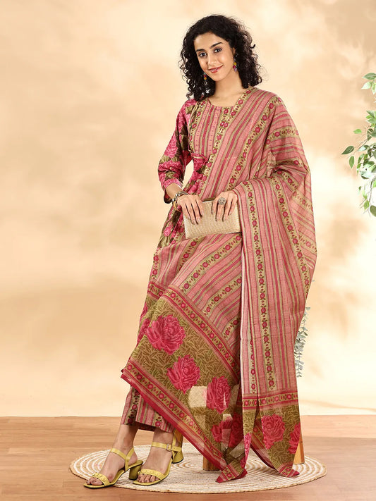 Pink Floral Print Sequins_Work Anarkali Kurta And Trouser With Dupatta Set-Yufta Store-6254SKDPKM