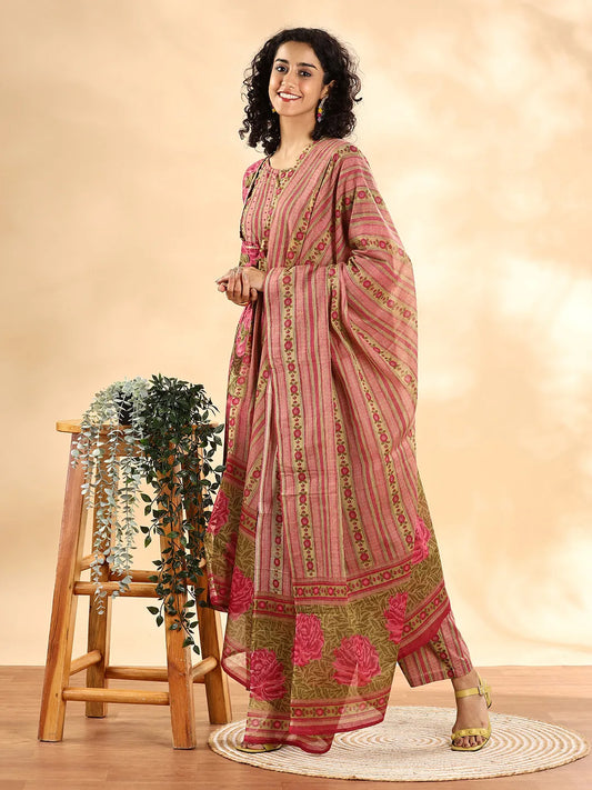 Pink Floral Print Sequins_Work Anarkali Kurta And Trouser With Dupatta Set-Yufta Store-6254SKDPKM