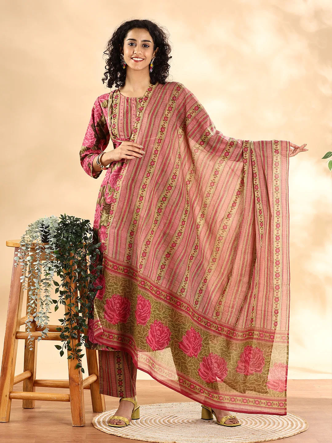 Pink Floral Print Sequins_Work Anarkali Kurta And Trouser With Dupatta Set-Yufta Store-6254SKDPKM