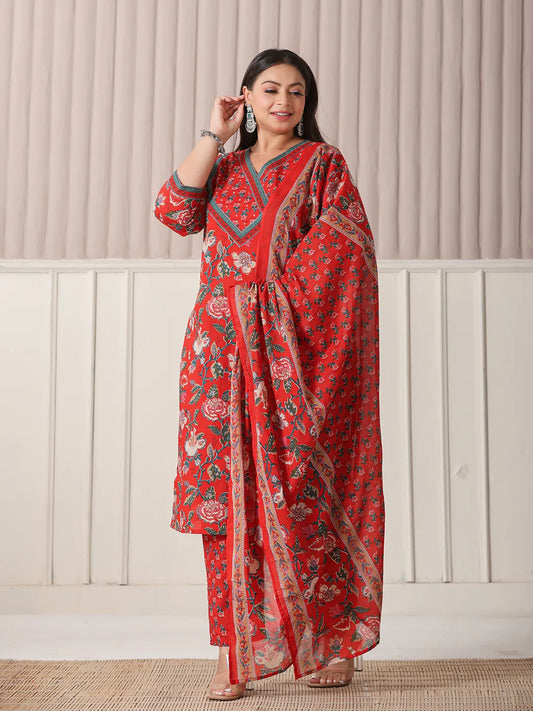 Red Floral Cotton Plus Size Kurta Set with Cutdana Work, Pant & Dupatta