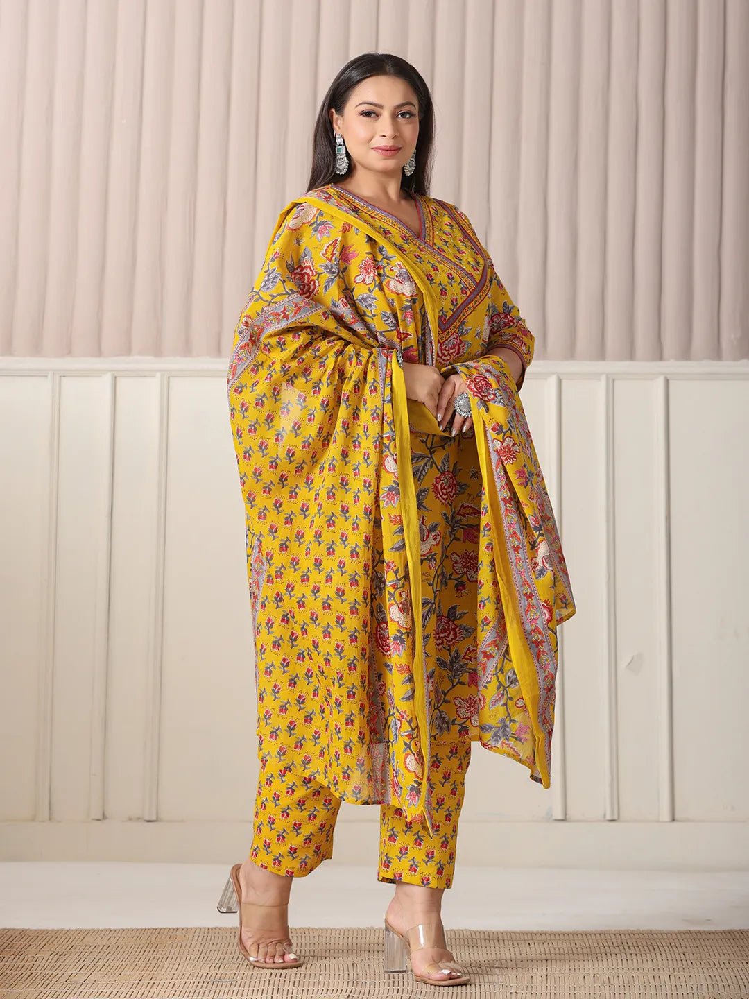Yellow Floral Cotton Plus Size Kurta Set with Cutdana Work Pant and Dupatta