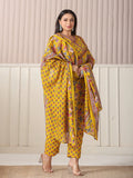 Yellow Floral Cotton Plus Size Kurta Set with Cutdana Work Pant and Dupatta